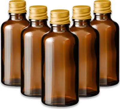 Produktbild von 5x Braunglasflasche 50 ml mit goldenem Aluminium Schraubverschluss Set