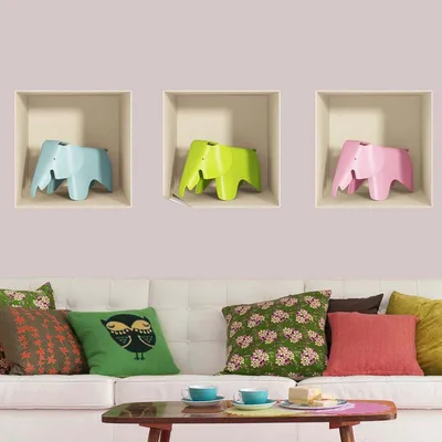 Image de Autocollants à effet 3D représentant 3 éléphants, 30 x 90 cm