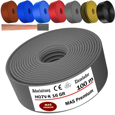Productafbeelding van 100 meter aderkabel H07 V-K, grijs, 1x16 mm², enkeldradig, flexibel