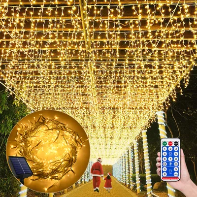 Zdjęcie produktu dla LZQ 600 LED 15m Solar LED Ice Rain Fairy Lights Warm White Curtain Lights Indoor Outdoor Garden Christmas Decoration z panelem słonecznym