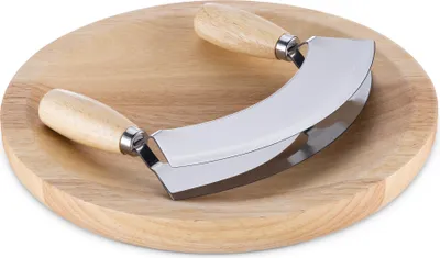 Produktbild von Navaris Kräuterbrett mit Mezzaluna Wiegemesser Kräuter - 17x13,5cm Kräutermesser Biegemesser aus Edelstahl - Wiegemesser mit Brett aus Gummibaumholz -
