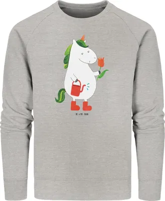 Produktbild von Mr. & Mrs. Panda Baumwoll Pullover Einhorn Gärtner Größe M - Heather Grey - Geschenk, Unicorn, Bio, Giesskanne, Blume, Garten, Einhörner, Sweatshirt, Sweater, Stiefel