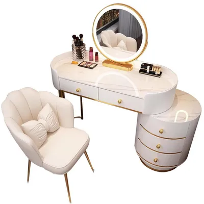 Image de Ensemble de table de maquillage avec miroir et 5 tiroirs, blanc, 100 cm