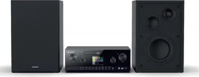 A black stereo system with two speakers and a central unit is displayed against a white background.
