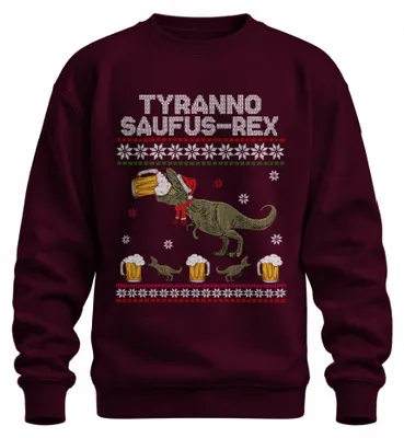 Imagen del producto de Suéter navideño "Tyranno Saufus-Rex" de diseño poco convencional, ideal para hombres y mujeres, color burdeos, talla M