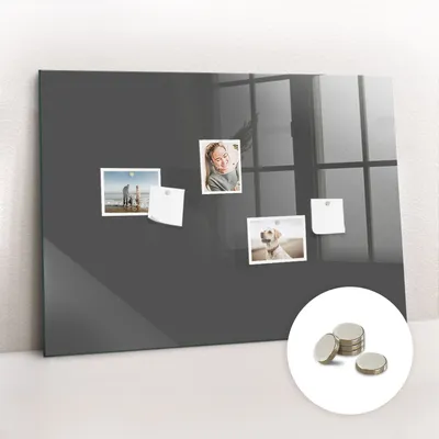 Immagine prodotto di Lavagna magnetica da parete, con superficie in vetro e bordo curvo - Bacheca magnetica - Include 5 magneti - Dimensioni: 100x70 cm - Colore: grigio