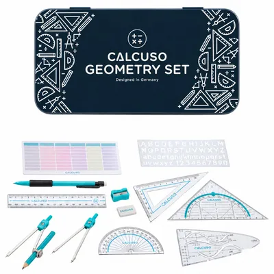 Produktbild von CALCUSO Geometrie Set 14-teilig – Metallbox in dunkelblau mit Zirkel, Geodreieck Set