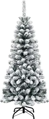 A flocked artificial Christmas tree with a metal stand, presented against a white background.