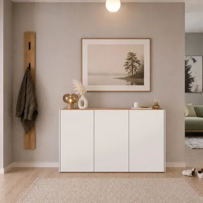 Produktbild von Garderobenset 2-teilig mit Schuhschrank & Garderobenpaneel in Beige mit Eiche - LAPUA-01