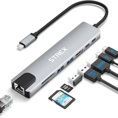 Image de Strex Strex 8 in 1 Hub USB C - Station d'accueil - USB Splitter - 4K HDMI - USB A - USB C - Ethernet - Micro SD - Convient pour Laptop, Macbook, Windows