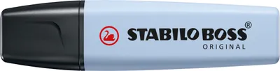 A close-up shot of a light blue highlighter pen with a black cap.