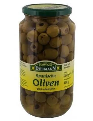 Produktbild von Feinkost Dittmann Spanische Grüne Oliven ohne Stein im Glas 900g