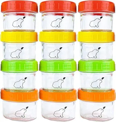 Obrázok produktu pre Unyqoos® Sklenené dózy na skladovanie detskej výživy, objem 120 ml – sada 12 kusov, okrúhle, s 4 farebnými skrutkovacími viečkami, vhodné do mikrovlnnej rúry a mrazničky (bez viečka), stohovateľné, protiúnikové