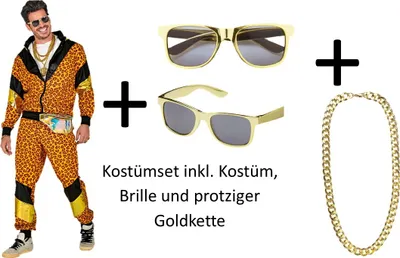 Produktbild von 80er Jahre Trainingsanzug Partnerkostümset Leopard - inkl. Brille und Goldkette - Gr. S bis 2XL M - 170-175 cm