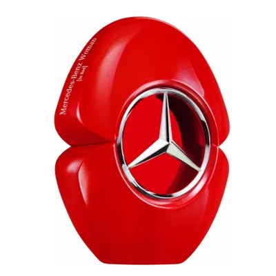 A red perfume bottle with the Mercedes-Benz logo.
