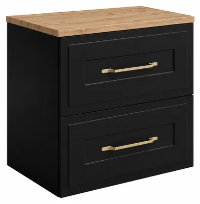 Produktbild von Badezimmerschrank hängend 60 mit Schubladen, Korpus in Schwarz + Platte in Eiche Craft, Griffe in Gold, 60 x 46 x 58,6 cm, KI-generiertes Bild