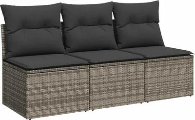 A three-seater outdoor sofa with gray cushions, shown from the front.