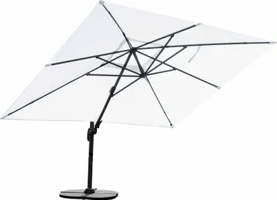 A white square patio umbrella with a black metal frame and base, shown against a white background.