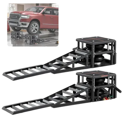 Image de VEVOR Air : 2 crics de voiture portables de 5 t, hauteur de levage max. 32 cm, crics pneumatiques avec suspension pneumatique, cales de roue, rallonges de rampe et colonnes surélevées, pour berlines, SUV et pick-ups