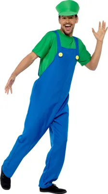 A man wearing a Luigi costume, waving.