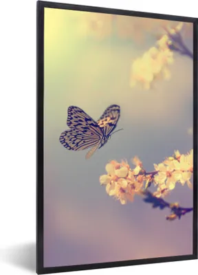 Produktbild von MuchoWow® Gerahmtes Poster Schmetterlinge - Blüte - Zweig - Baum 60x90 cm - Poster mit Schwarzem Bilderrahmen Wandposter Rahmen Foto Bilder - Kunst