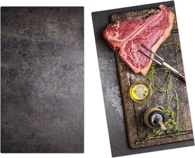 Produktbild von Spritzschutz Herdabdeckplatte Schneidebrett aus Glas T-Bone Steak auf Platte 2-Teilig (60x52cm)