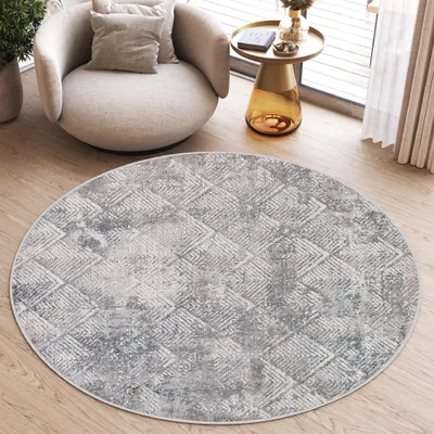 Image de Tapis VALLEY Rond Gris Vintage Beige Chambre à coucher 200 x 200 cm