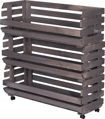 Produktbild von STOLMAK Grau Obstkiste aus Holz mit Rollen – 3 Etagen – 77x79x30 cm – Aufbewahrung für Obst & Gemüse – Stapelbar – Holzkiste Regal mit Körben
