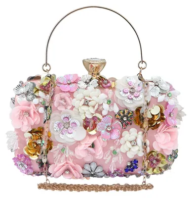 Produktbild von CORIOS Damen Clutch Tasche Blumen Abendtasche Hochzeit Bag Elegante Kette Shiny