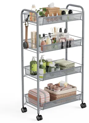 Image de Chariot à 4 étages, chariot de rangement en treillis métallique, chariot de rangement mobile, chambre, cuisine, salle de bains, salon, chariot de rangement, métal, gris