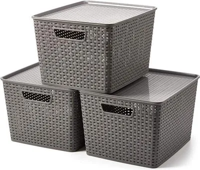 Produktbild von Famanu Aufbewahrungskorb mit Deckel, Set von 3 Körben in Rattan-Optik - 17 Liter
