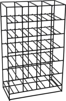 A black metal wine rack with multiple shelves and compartments.