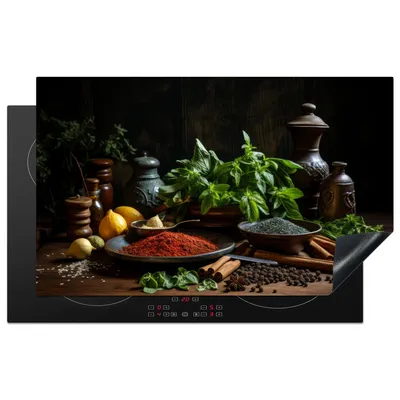 Produktbild von KitchenYeah© Herdabdeckplatte Stilleben - Kräuter - Schwarz , 83x51cm, Küche Deko, Glaskeramikkochfeld Herdabdeckung, Abdeckplatte fùr Kochfeld