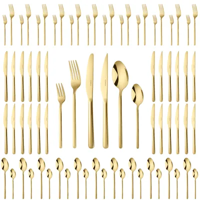 Image de Deleca Amor Ménagère 72 Pièces pour 12 Personnes, Or, Acier Inoxydable 18/0 – Couteaux, Fourchettes, Cuillères, Couteaux à Steak