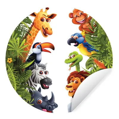 Produktbild von MuchoWow® Runde Wandtattoo - Wandsticker Tapete Aufkleber Dschungel - Tiere - Jungen - Mädchen - Giraffe - Elefant - Kinder Ø 100 cm Selbstklebend und Repositionierbar - Wandaufkleber - Kreis - Tapetenkreis - Wandbild rund - Schlafzimmerdekoration - Wanddeko - runde Tapete - Kunst für zu Hause