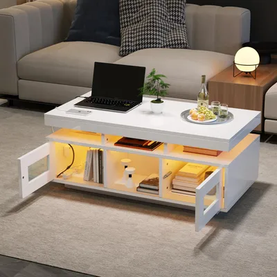Obrázok produktu pre Biely lesklý konferenčný stolík Sweiko 100 × 50 × 43 cm, s LED svetlami ovládateľnými cez mobilnú aplikáciu, stolík do obývačky so skrinkou, rozkladací stolík s nabíjacím pripojením a zásuvkou, vhodný do kancelárie, pracovne