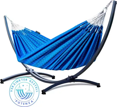 Produktbild von Potenza Outdoor Morena Hängematte mit Verzinkter Gestell für 2 Personen I 100% Baumwolle Doppelhängematte 230x160 cm, 220kg I Hängemattengestell 220kg, wetterfest