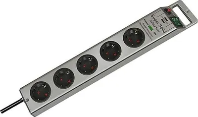 A silver power strip with five outlets is shown against a white background.