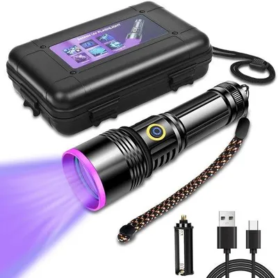 Zdjęcie produktu dla Lampa UV 30W – 365nm, profesjonalna lampa UV, ładowana przez USB-C, z akumulatorem 3000mAh i funkcją powerbanku, obudowa aluminiowa – do wykrywania plam, minerałów, skorpionów, pieniędzy i dokumentów
