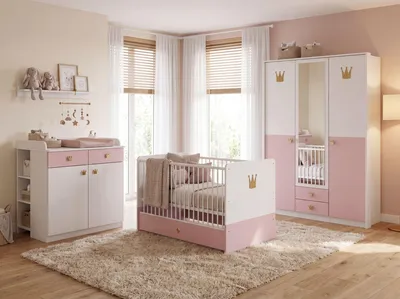 Produktbild von komplett Babyzimmer Cindy 7 teiliges Komplett Set in Weiß und Rosé von Wimex, Babyzimmermöbel komplett