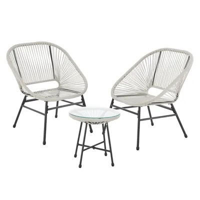 A set of outdoor furniture including two chairs and a small table, presented on a white background.