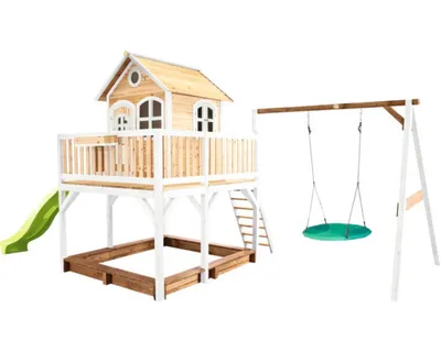 Immagine prodotto di AXI Liam Casetta con pavimento, sabbiera, altalena a nido e scivolo verde lime | Casa da gioco per giardino / esterno in marrone e bianco da legno | Parco giochi per bambini
