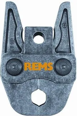 A close-up, top-down view of a metal press jaw tool.