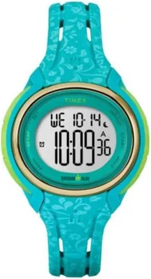 A digital watch with a floral pattern on the strap.