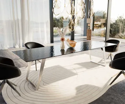 Produktbild von DELIFE Esstisch Edge 300x100 Reliefglas Rauchschwarz 3D-Design Edelstahl Schräg