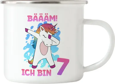 Produktbild von Bäääm Ich Bin 7 Emaille Tasse Einhorn 7. Geburtstag Geburtstagsgeschenk Einhorn-Fans Dabbing