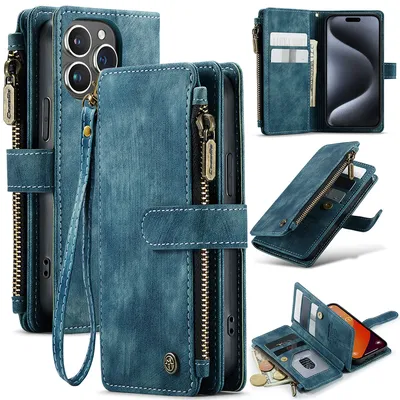 Obrázek produktu pro Kůže pouzdro pro iPhone 15 Pro,PolyuretanKožené Pouzdro na Zip, Magnetické Uzavírání, Kapsa na Karty, Stojánek, Peněženka pouzdro modré