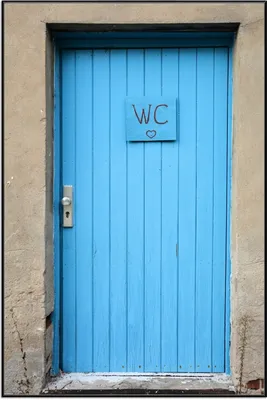 Produktbild von Wallario Wandbild Blaue Tür einer Toilette in einer verlassenen Fabrik in Magdeburg, Größe: 61 x 91,50 cm, Poster mit schwarzem Aluminiumrahmen
