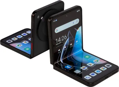 A black foldable smartphone is shown open, with its two halves at an angle to each other.