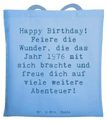 Produktbild von Mr. & Mrs. Panda Tote Bag Spruch 1976 Geburtstag - Sky Blue - Geschenk, Laptoptasche, Shopping Tasche, festival, besondere Wünsche, Herzlichen Glückwunsch, Uni, Alter